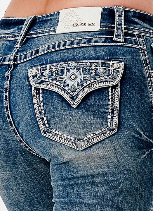 Grace in LA Aztec Faux Flap Mid-Rise Boot Cut Jeans EB-52063