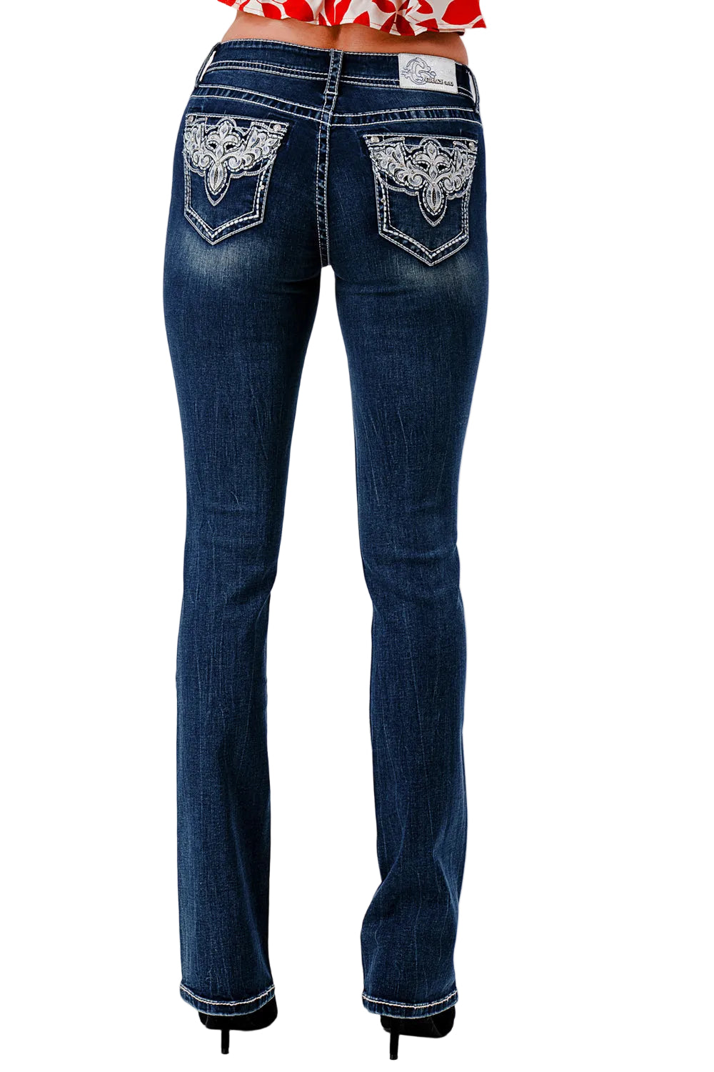 Grace in LA Medium Wash Easy Fit Mid Rise Bootcut Women's Jeans with Scroll Design Pocket (34 inch Inseam) EB52103SL-34