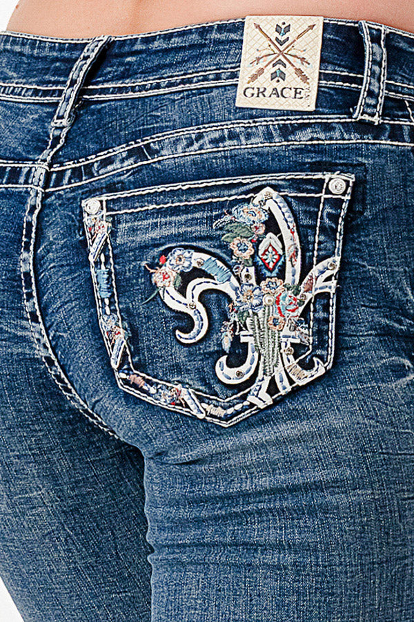 Grace in LA Midwash Easy Fit Mid Rise Bootcut Women's Jeans with Fleur De Lis on the Pockets (32 inch inseam) EB61623