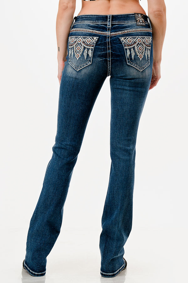 Grace in LA Medium Blue Wash Easy Fit Aztec Embroidery Bootcut Women's Jeans EB-81803