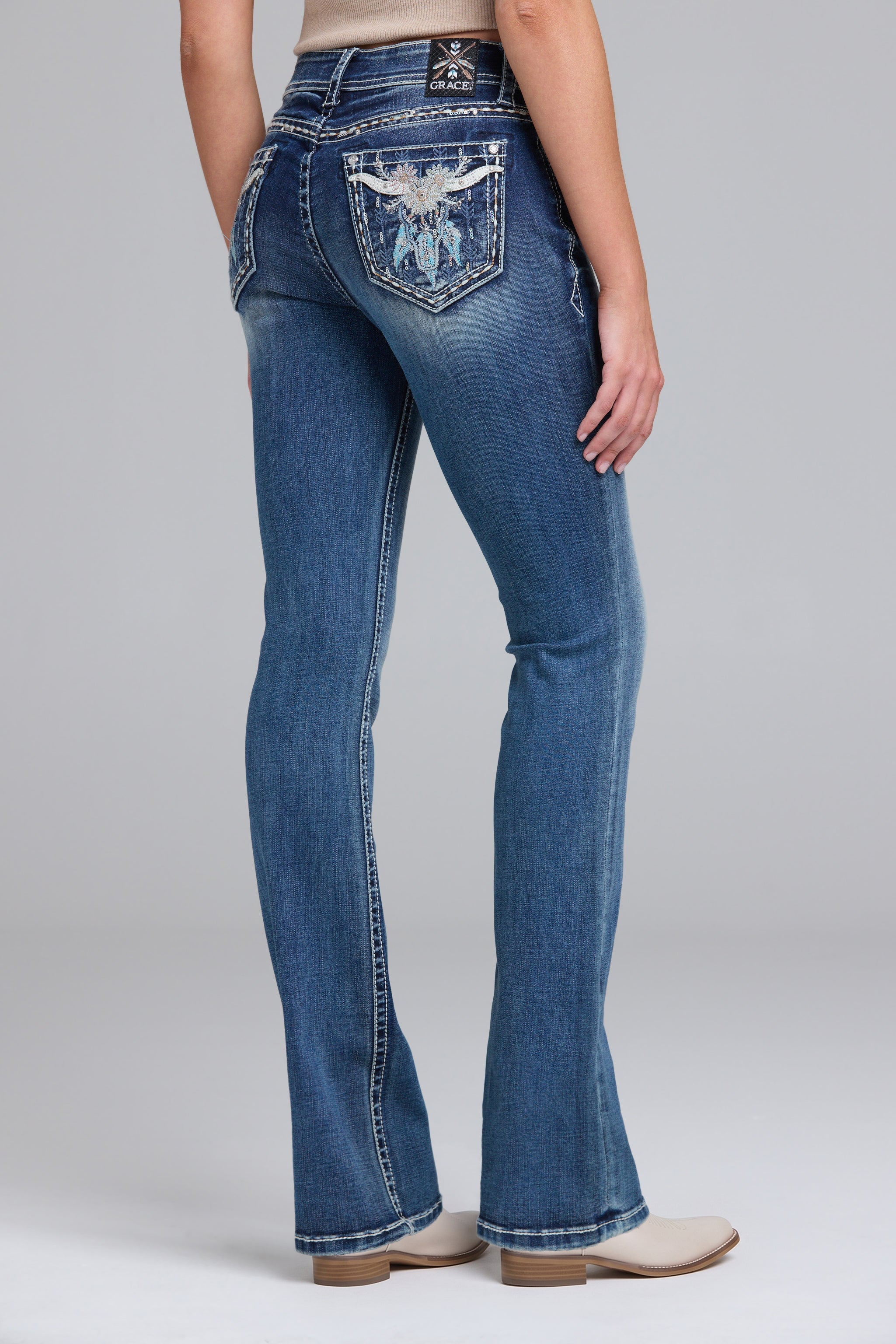 Grace in LA Medium Blue Steer Head Floral Embroidered Women's Bootcut Jeans EB81811