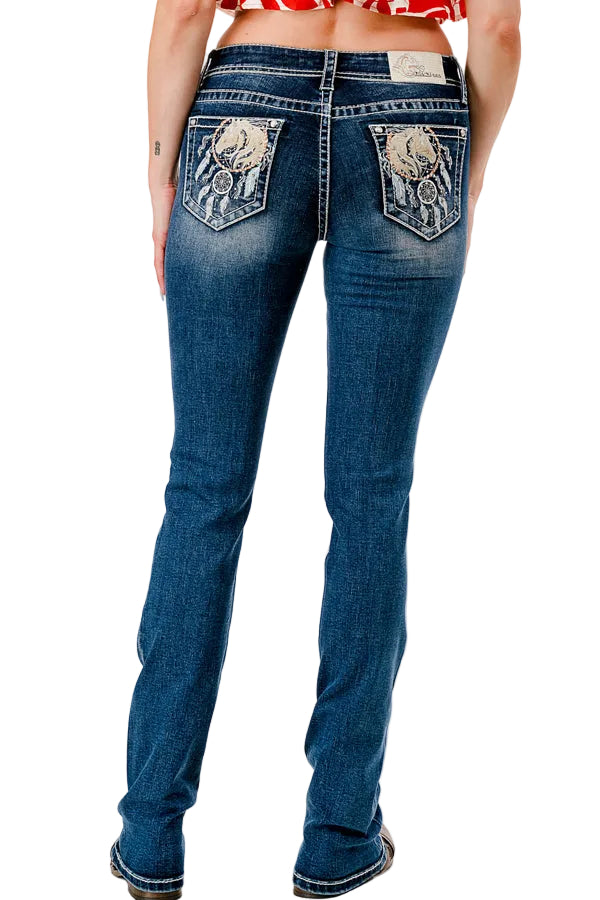 Grace in LA Medium Wash Easy Fit Mid Rise Women's Bootcut Jeans with Dreamcatcher Pockets (30 inch Inseam) EB81817-30