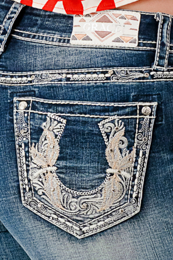 Grace In LA Easy Fit Mid Rise Bootcut Women's Jeans with Horseshoe and Decorative Stitching on the Pockets (32 inch Inseam) EB81818