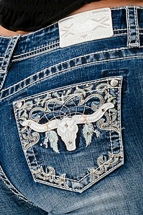 Grace In LA Medium Wash Easy Fit Mid Rise Bootcut Women's Jeans with Longhorn and Feathers on the Back Pockets (30 inch Inseam) EB81819-30