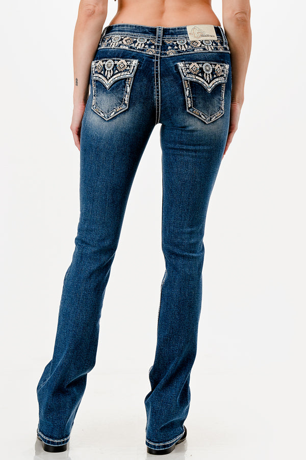 Grace in LA Medium Blue Wash Dreamcatcher Faux Flap Easy Fit Bootcut Women's Jeans EB-S926