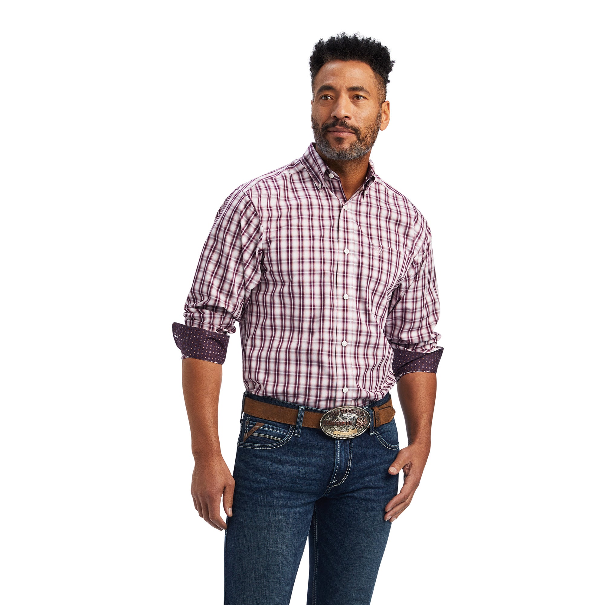 Ariat White/Burgundy Plaid Darian Men's Wrinkle Free Longsleeve Fitted Collared Shirt 10041755