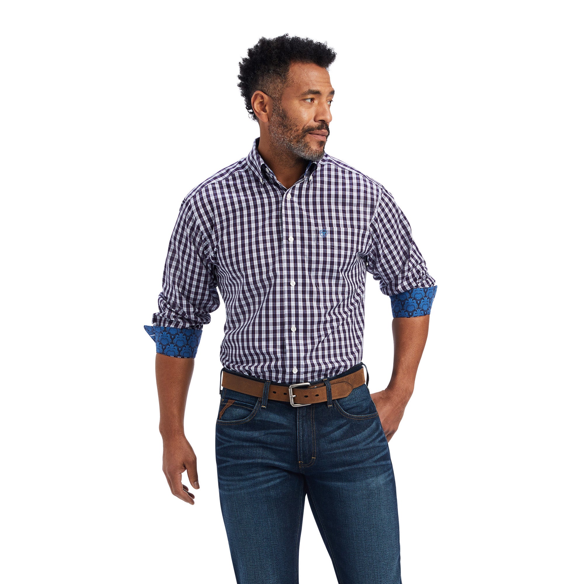 Ariat White/Blue/Red Plaid Donny Men's Wrinkle Free Collared Longsleeve Shirt 10041756