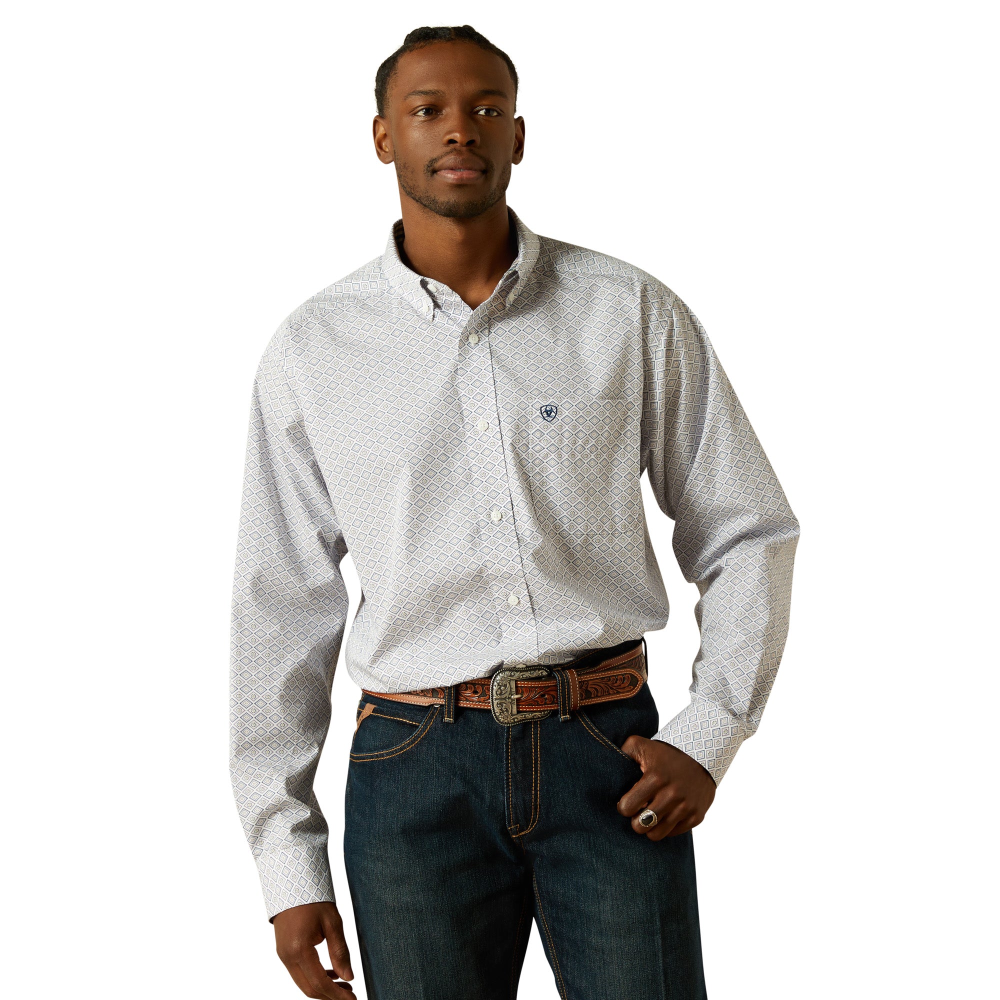 Ariat White with Diamond Print Wrinkle Free Declan Men's Classic Fit Collared Longsleeve Button Front Shirt 10062193