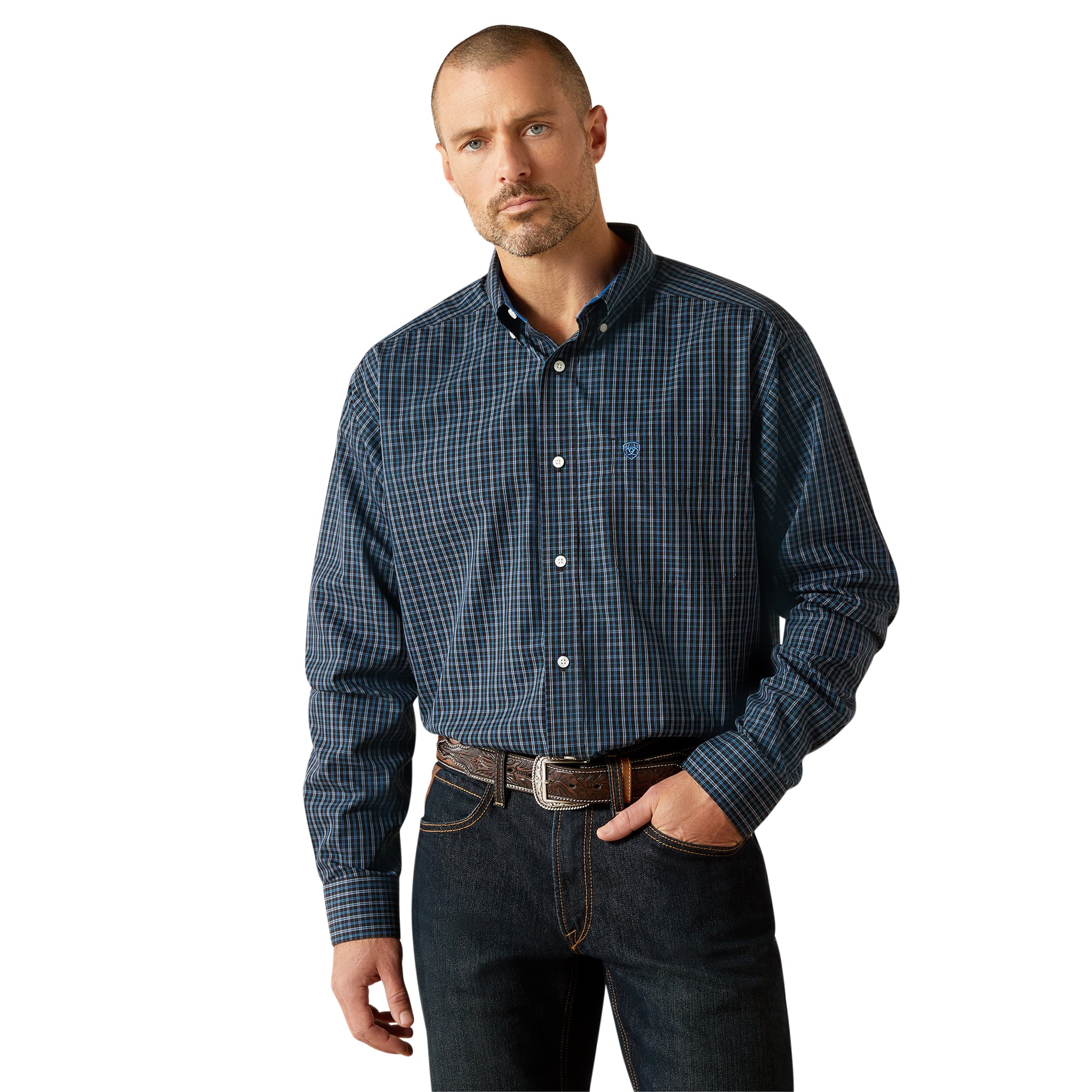 Ariat Navy Plaid Wrinkle Free Carlos Classic Fit Men's Shirt 10062231