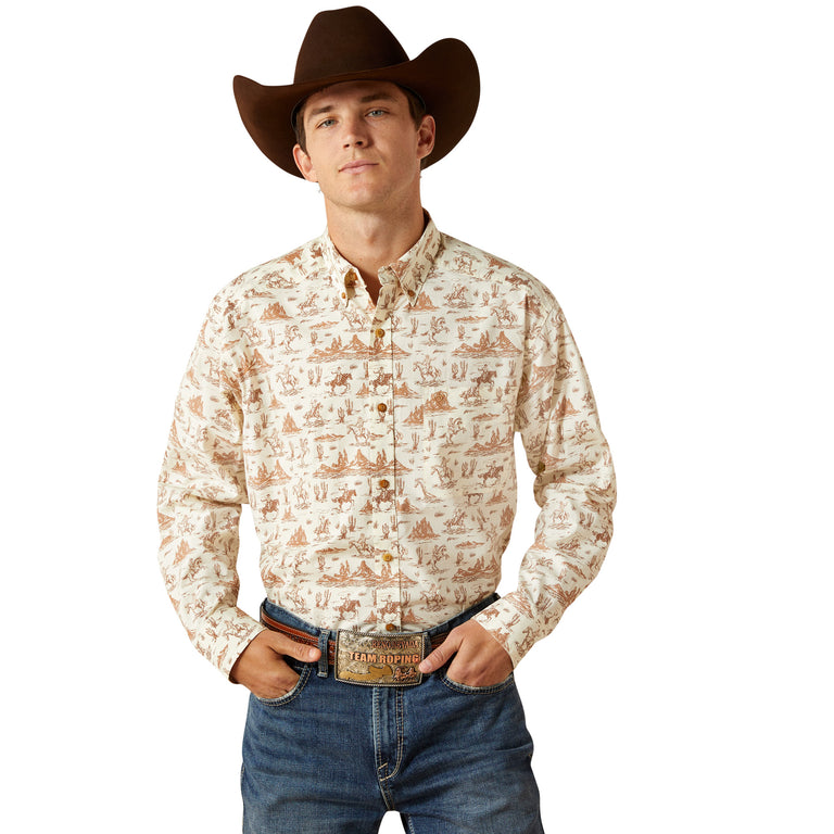 Ariat Cream with Western Scene and Rider Print Saint Men's Collared Cl