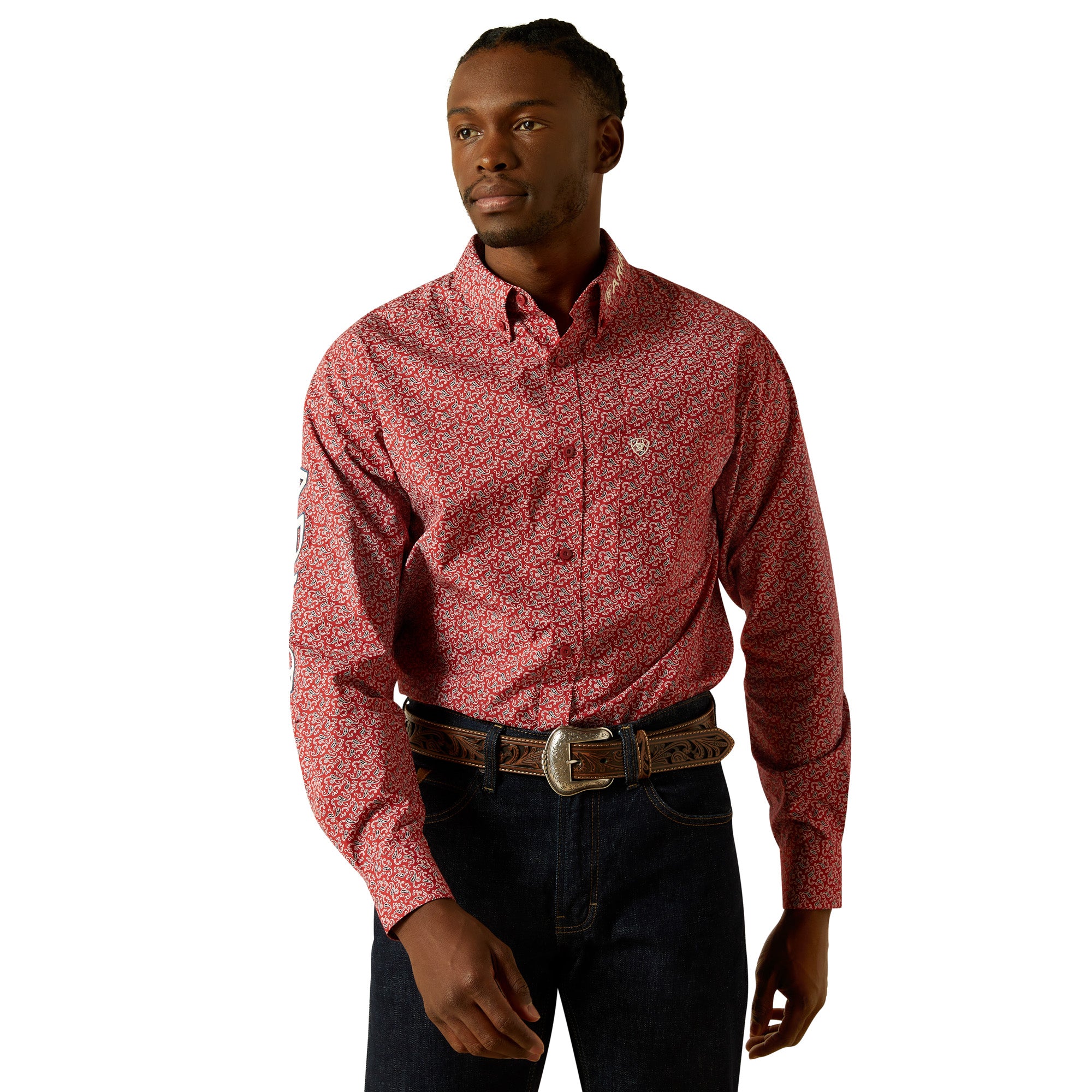 Ariat Red/Beige Team Perl Men's Collared Longsleeve Fitted Shirt 10062255
