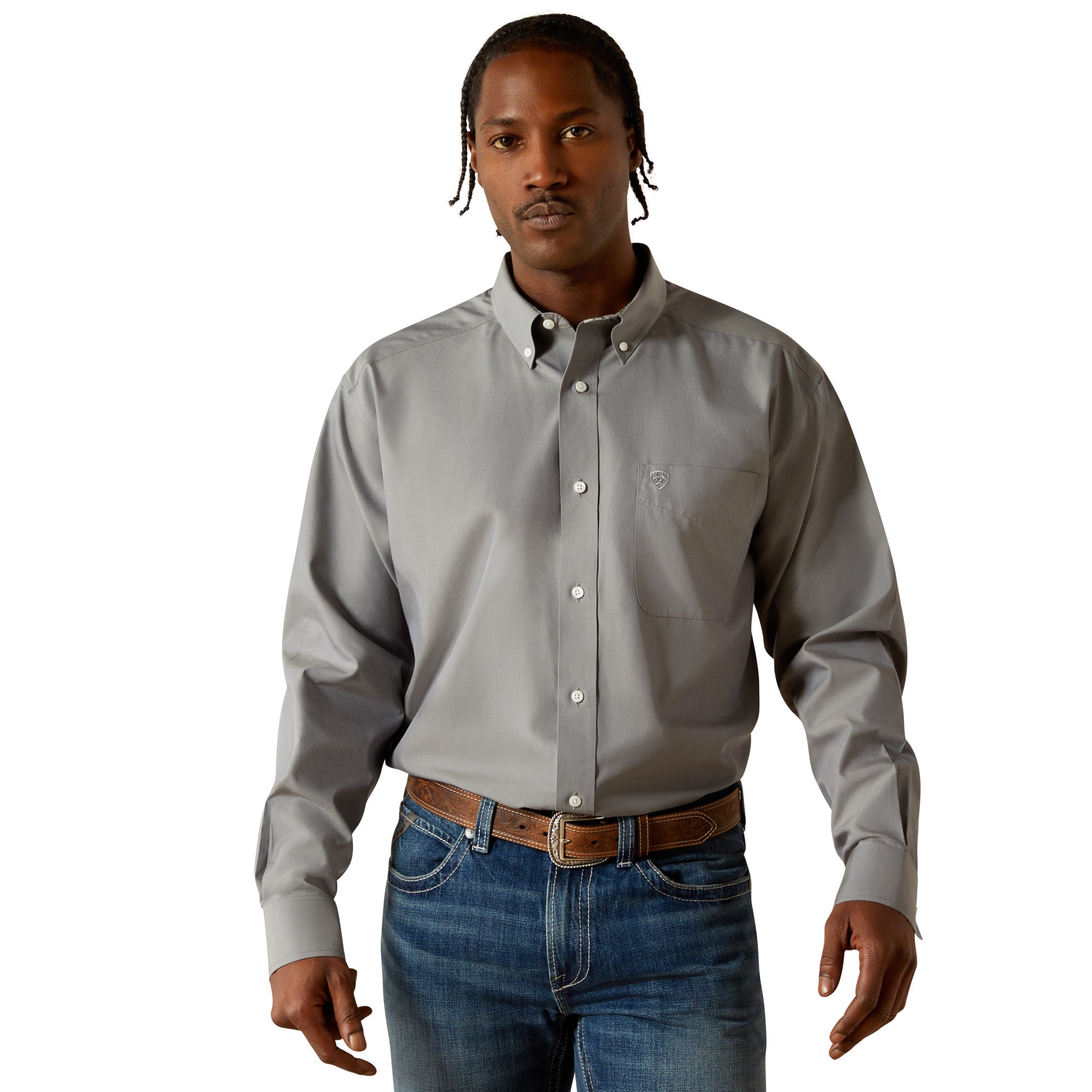 Ariat Grey Wrinkle Free Solid Pinpoint Oxford Men's Classic Fit Shirt 10062526