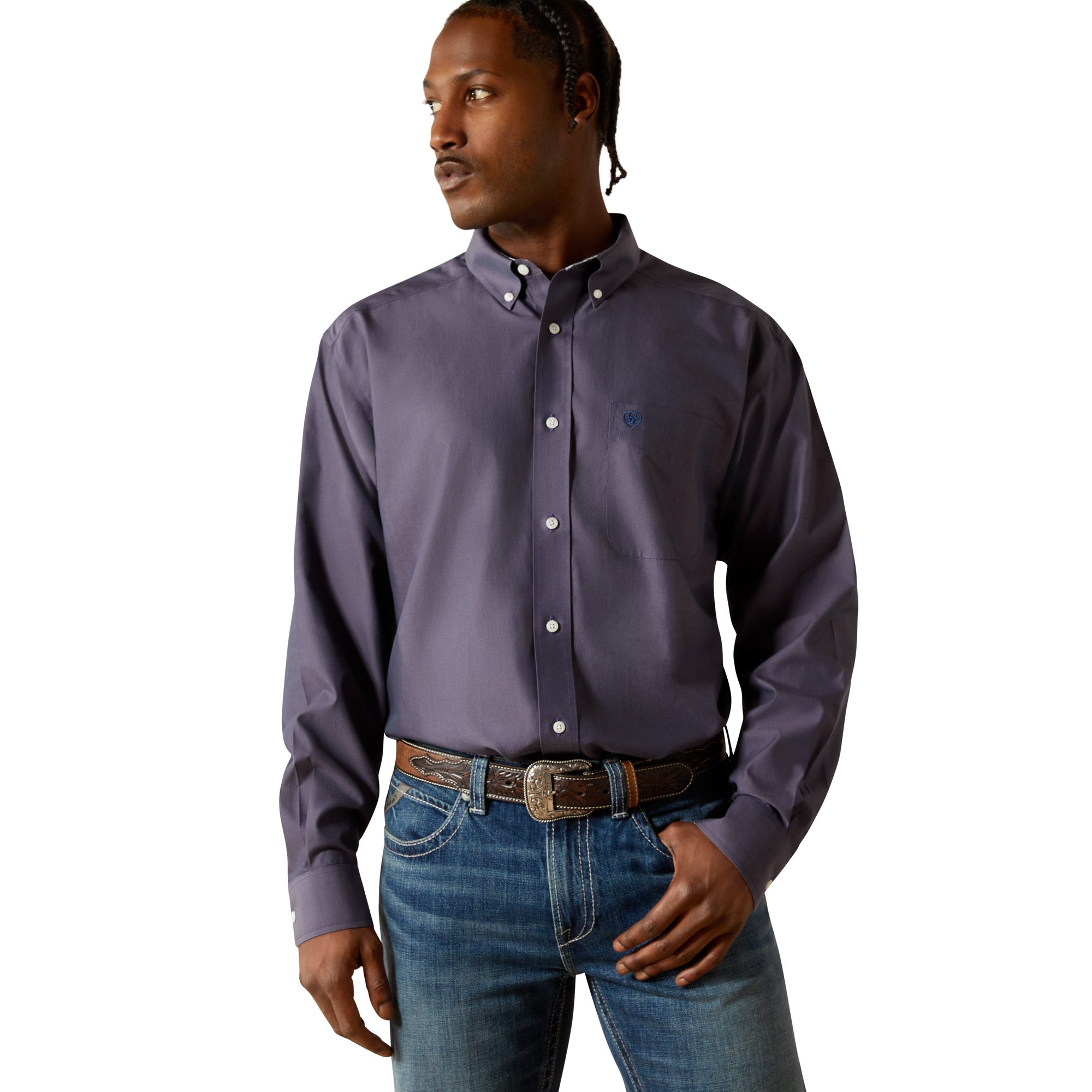 Ariat Navy Wrinkle Free Men's Solid Pinpoint Oxford Classic Fit Shirt 10062527
