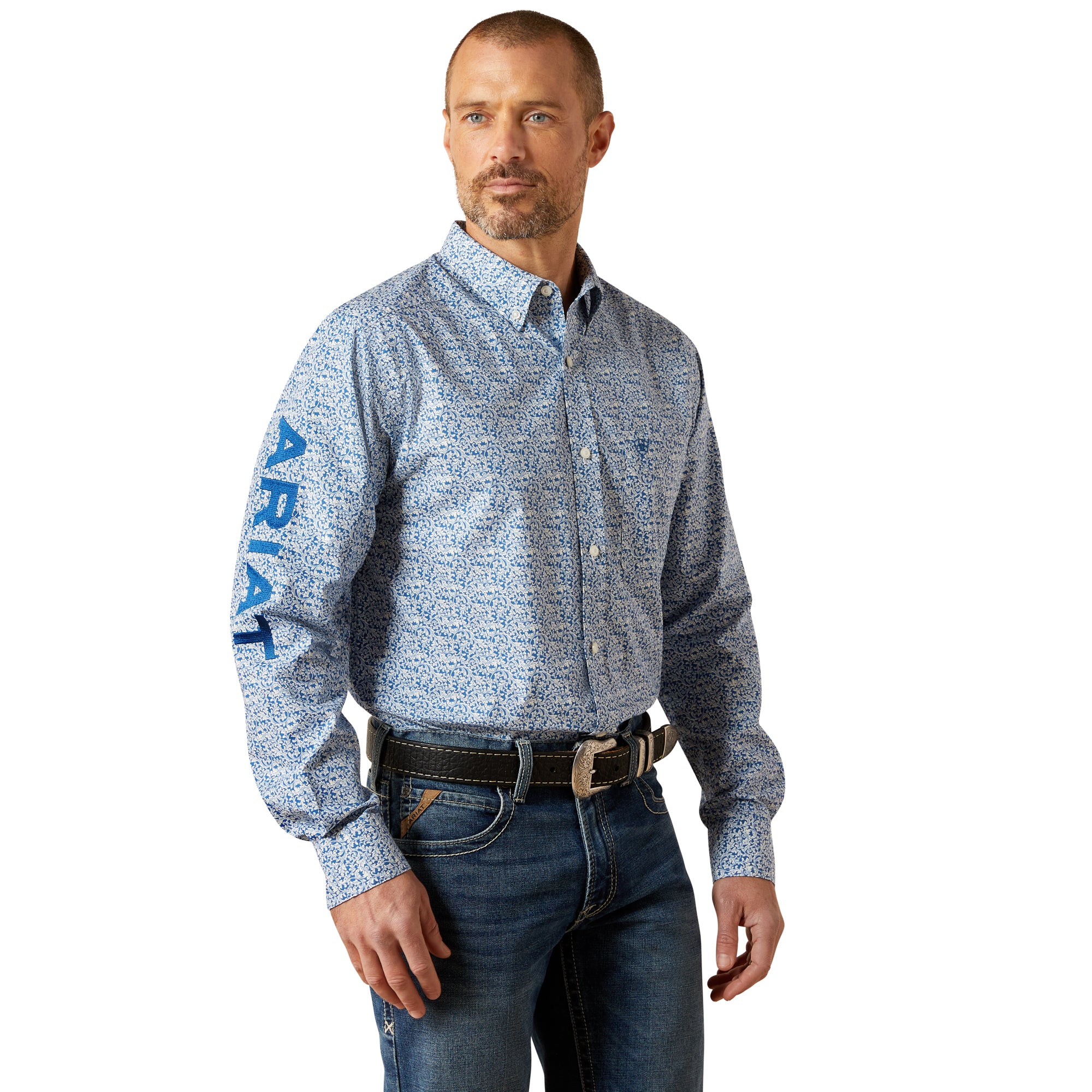 Ariat Blue/Navy Team Parks Men's Print Fitted Collared Longsleeve Shirt 10065811