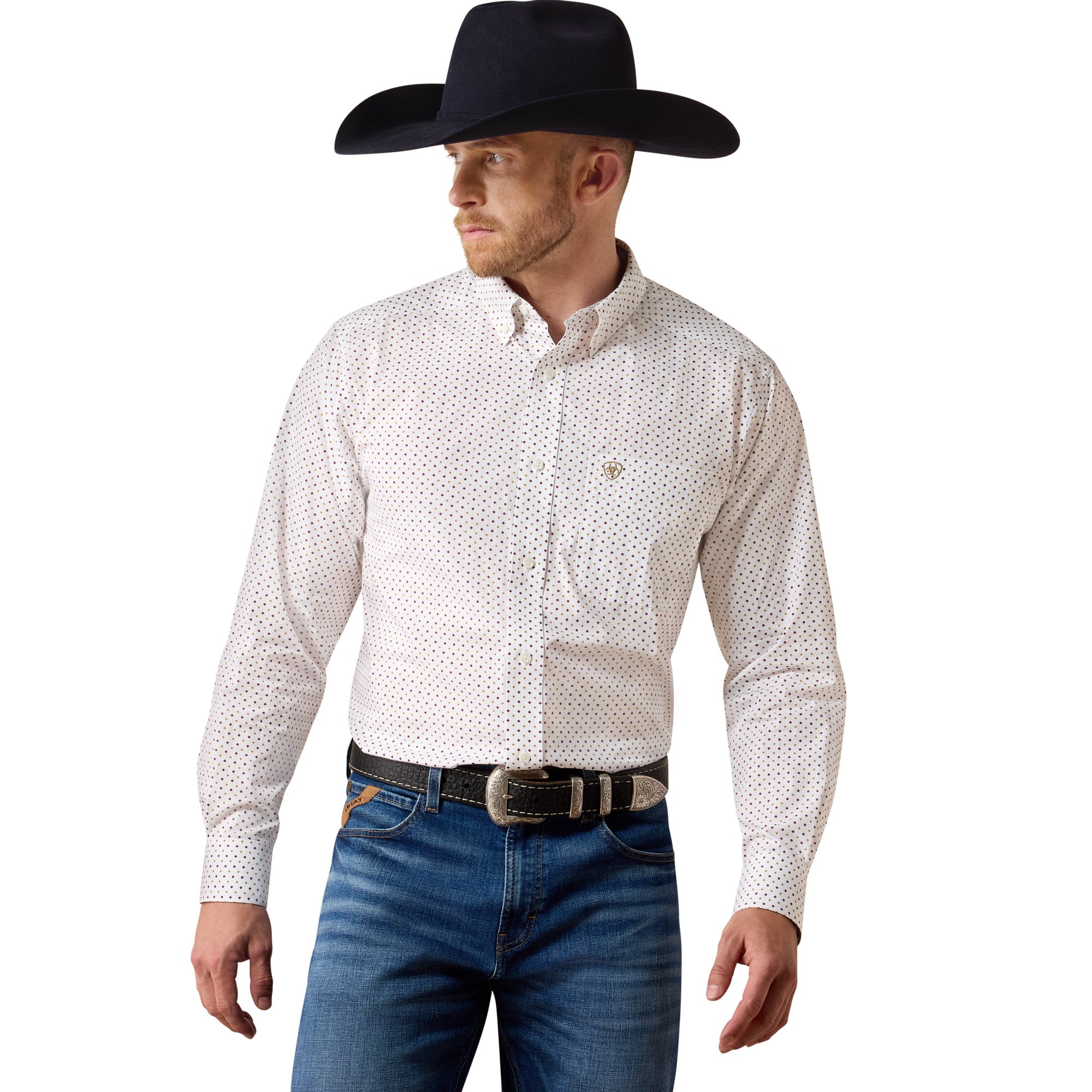 Ariat White Diamond Print Wrinkle Free Reginald Men's Collared Classic Fit Longsleeve Button Front Shirt 10080625