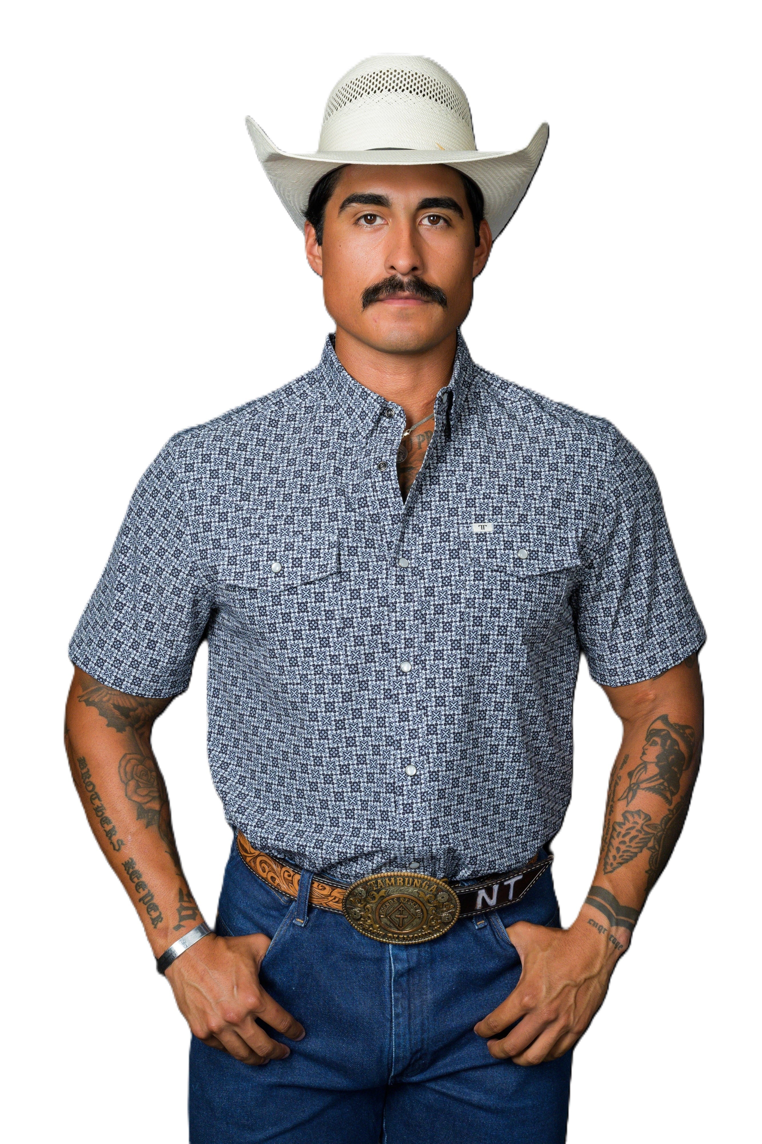 Ferrell Blue with Print Colton Short Sleeve Men's Collared Snap Shirt FPS1026016