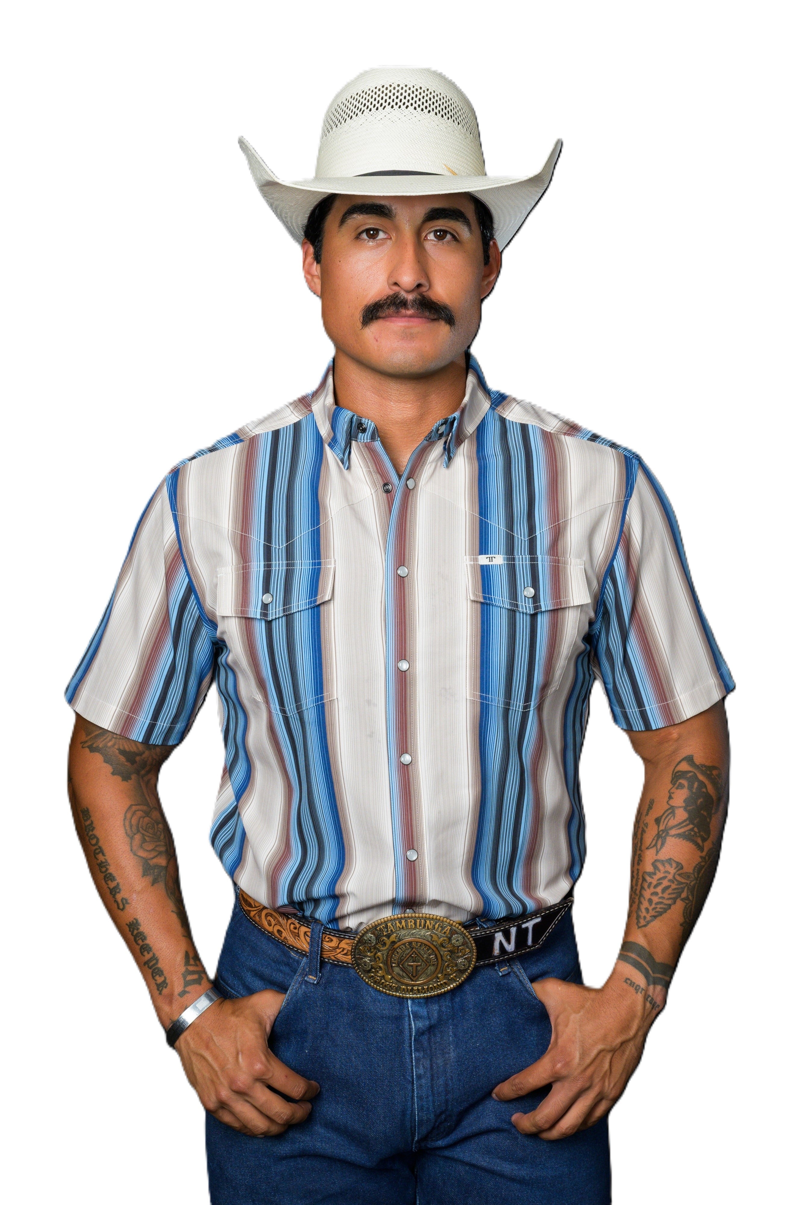 Ferrell Cream with Stripes Harrison Collared Short Sleeve Snap Men's Shirt FPS1026037