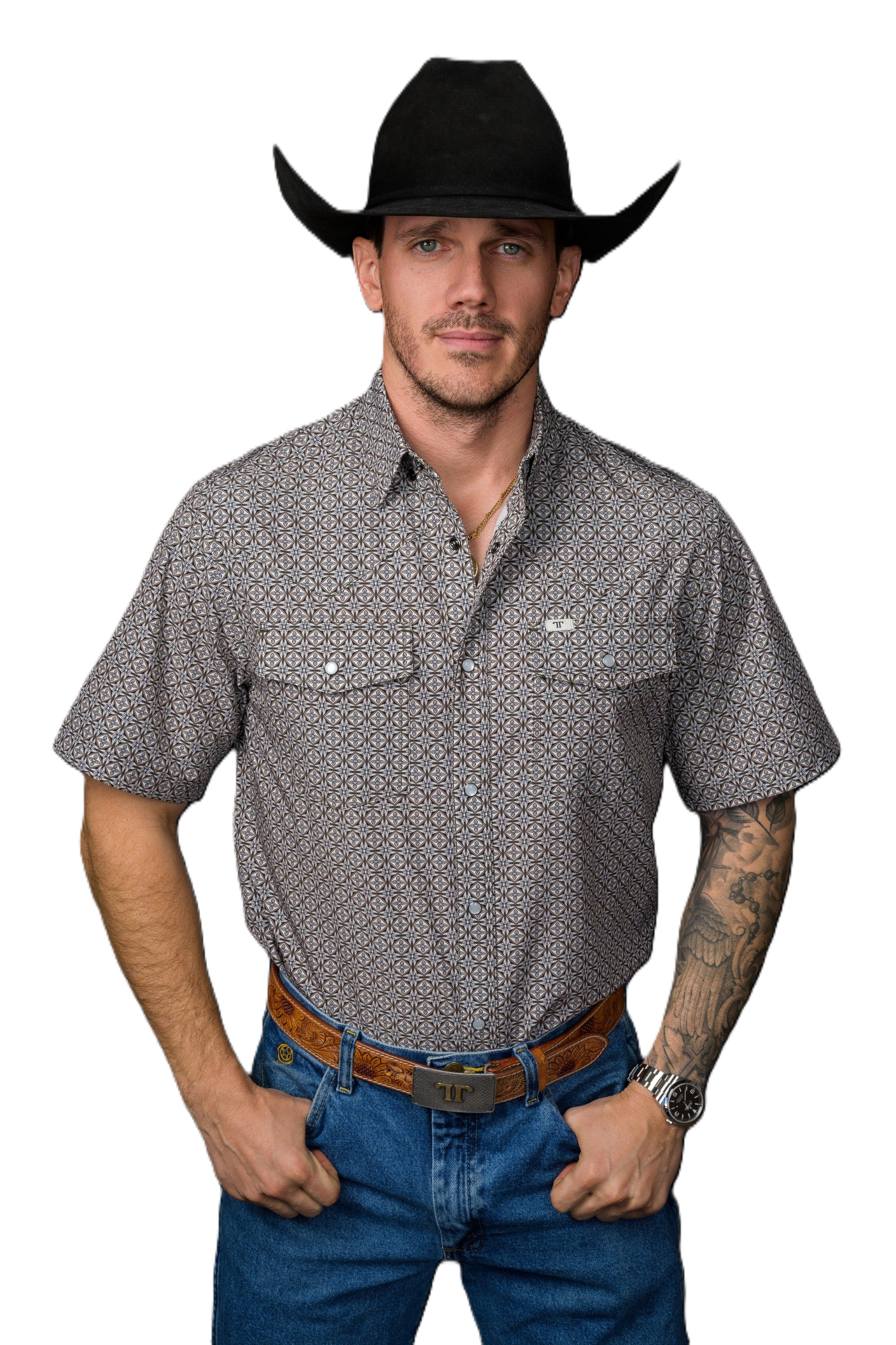 Ferrell Cream with Print 'The Archer' Men's Short Sleeve Snap Shirt FPS1026131