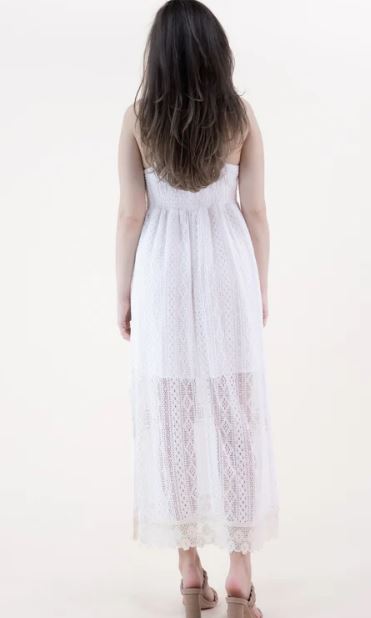 Original USA White Striped Lace & Crochet Side Slit Maxi Dress FT85210 White / L/X