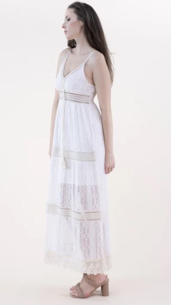 Original USA White Striped Lace & Crochet Side Slit Maxi Dress FT85210 Original USA White Striped Lace & Crochet Side Slit Maxi Dress FT85210