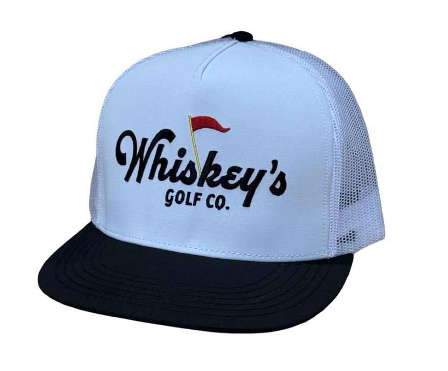 Whiskey Bent Black (White hat with Black Bill and Black Text) 'Golf Co. Black' Trucker Hat GOLF CO BLACK