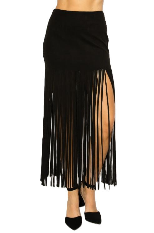 Vocal Apparel Black Women's Maxi Skirt with Dramatic Long Fringe and Side Slit IM2545SK-BLACK