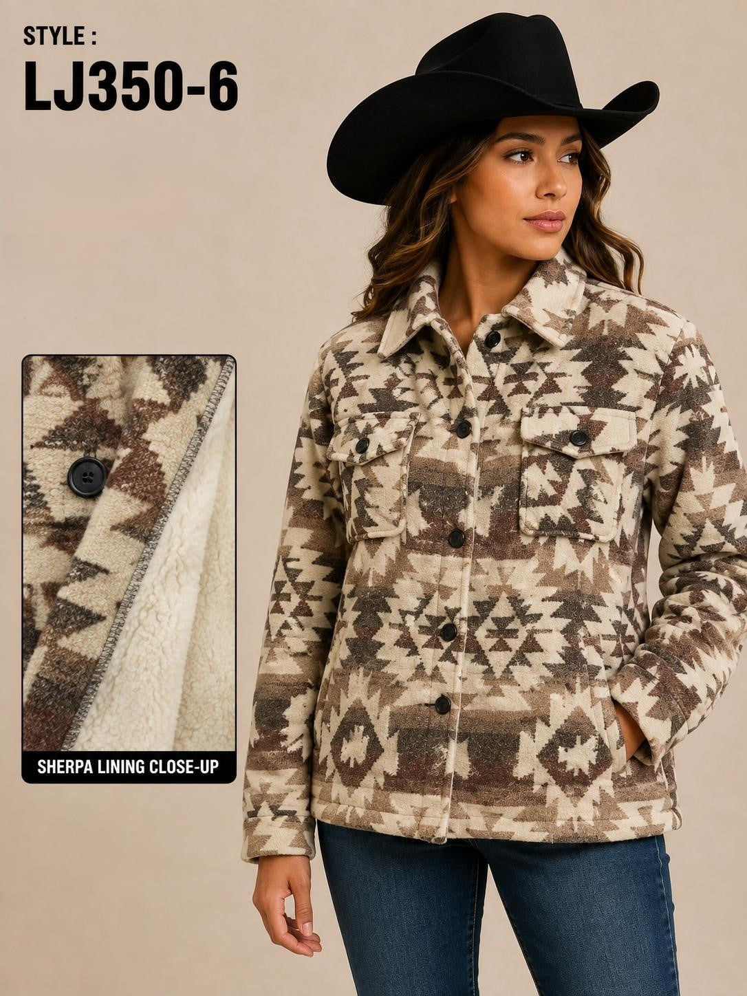 Patroncito Brown Tan Aztec Women's Sherpa Lined Shacket LJ350-6