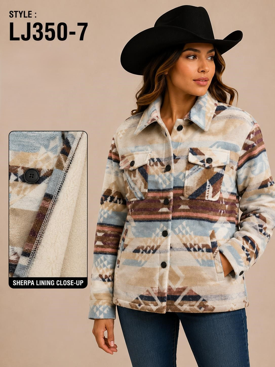 Patroncito Multi Aztec Print Women's Sherpa Lined Shacket LJ350-7