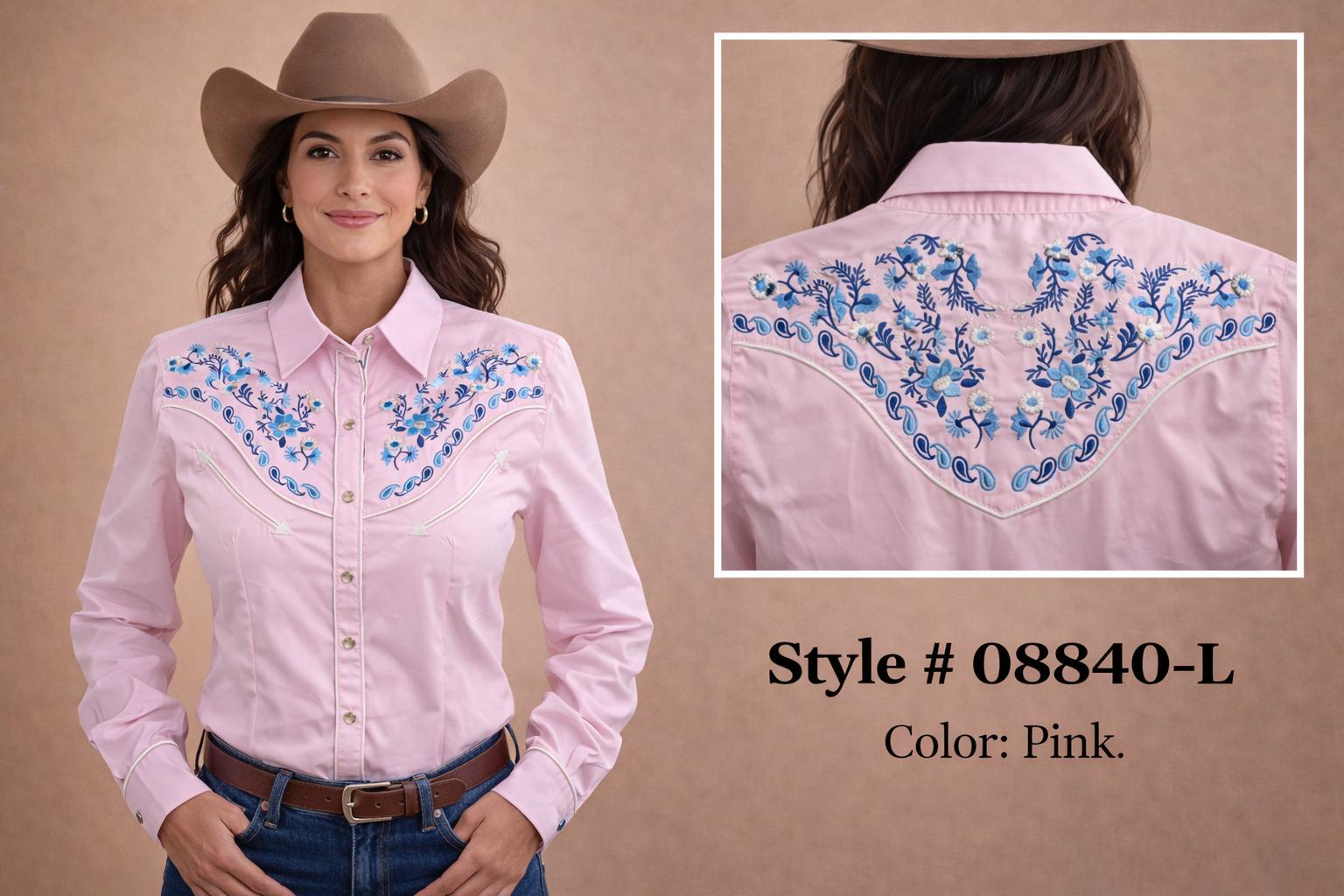 Patroncito Light Pink Floral Embroidered Women's Long Sleeve Western Snap Shirt 088540-L-PINK