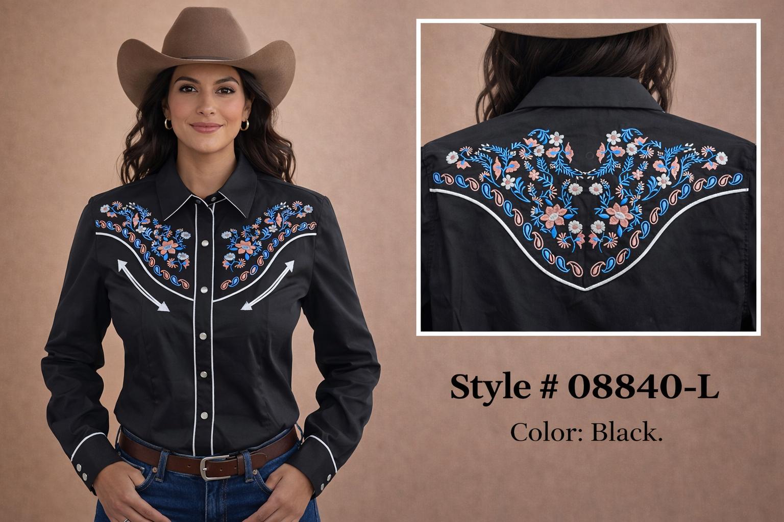 Patroncito Black Floral Embroidered Women's Long Sleeve Western Snap Shirt 08840-L