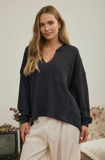 Blu Pepper Charcoal Split Neck Raw Edge Long Sleeve Ribbed Knit Top J6ST1044