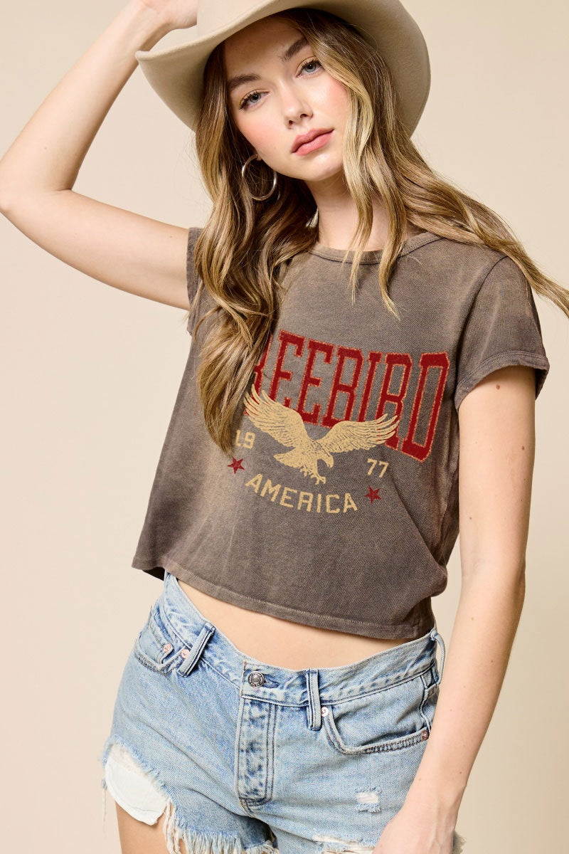 Zutter Espresso Freebird America 1977 Women's Short Sleeve Crop Tee Shirt K1004-2042-ESPR