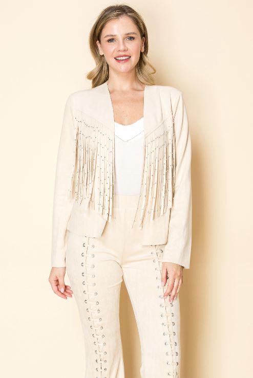 Vocal Apparel Natural Women's Front Studded Fringe Long Sleeve Suede Jacket K3308J-NATURAL