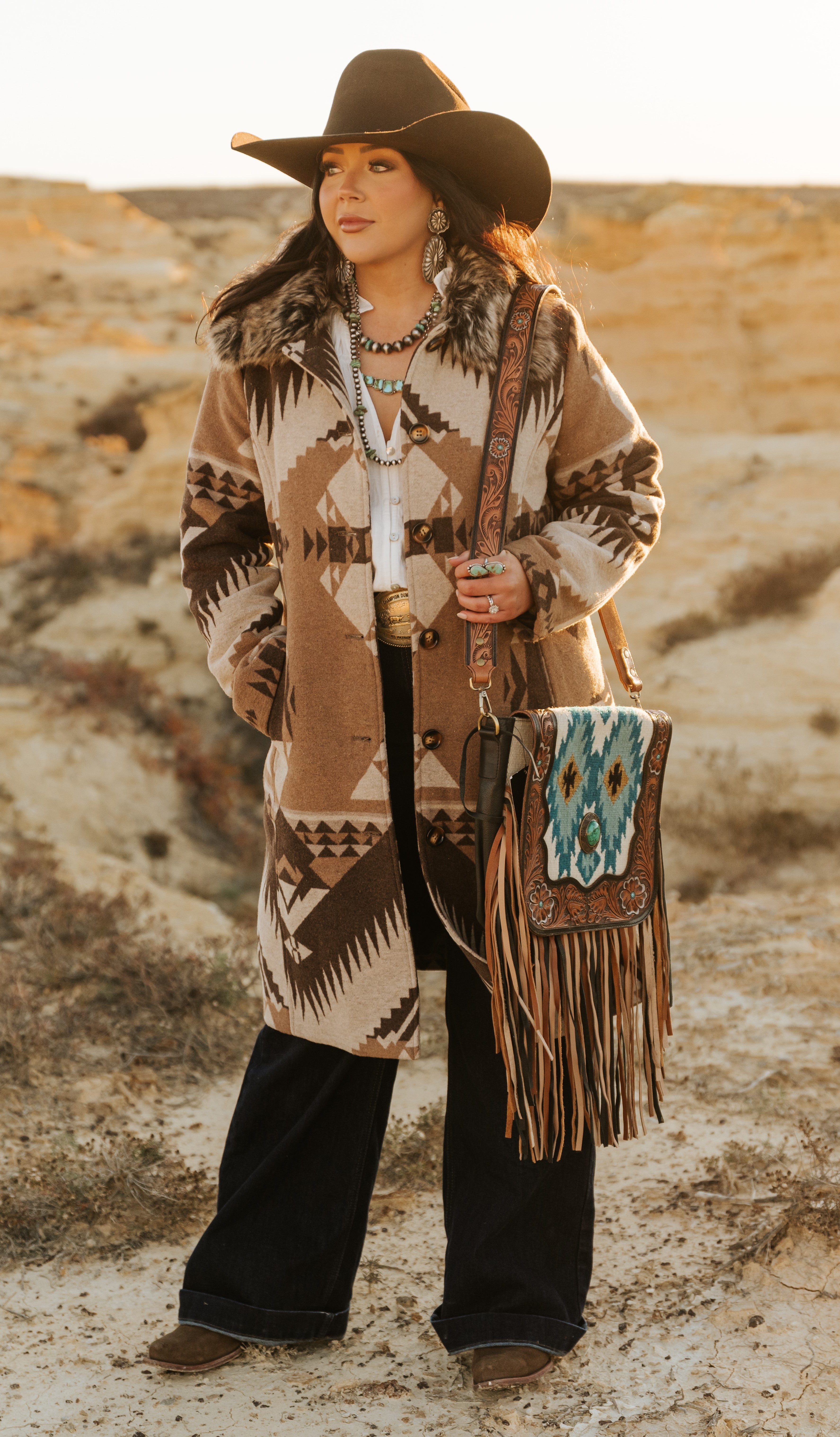MontanaCo Aztec Long Coat with Removable Fur Collar L-2617