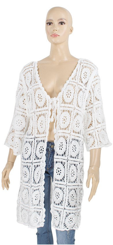 Azz Trading White 3/4 Sleeve Women's Crochet Duster LA112-WHITE