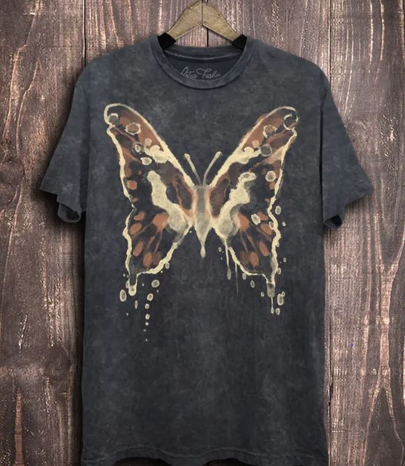 Lotus Mineral Wash Black Boyfriend Tee Short Sleeve Crew Neck Women's Graphic Tee Shirt LF62-6048