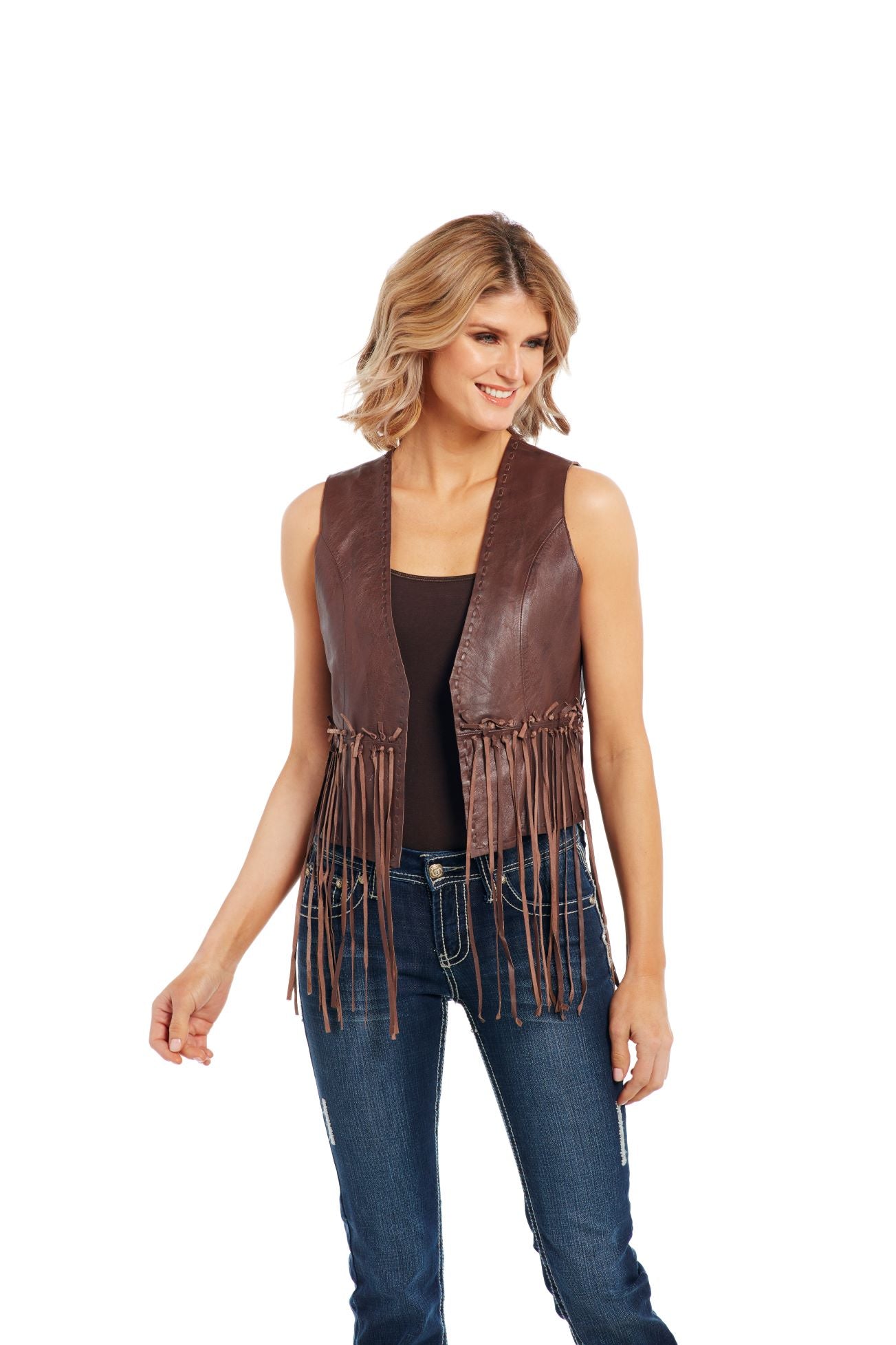 Cripple Creek Brown Leather Women's Vest with Fringe  LL2556294