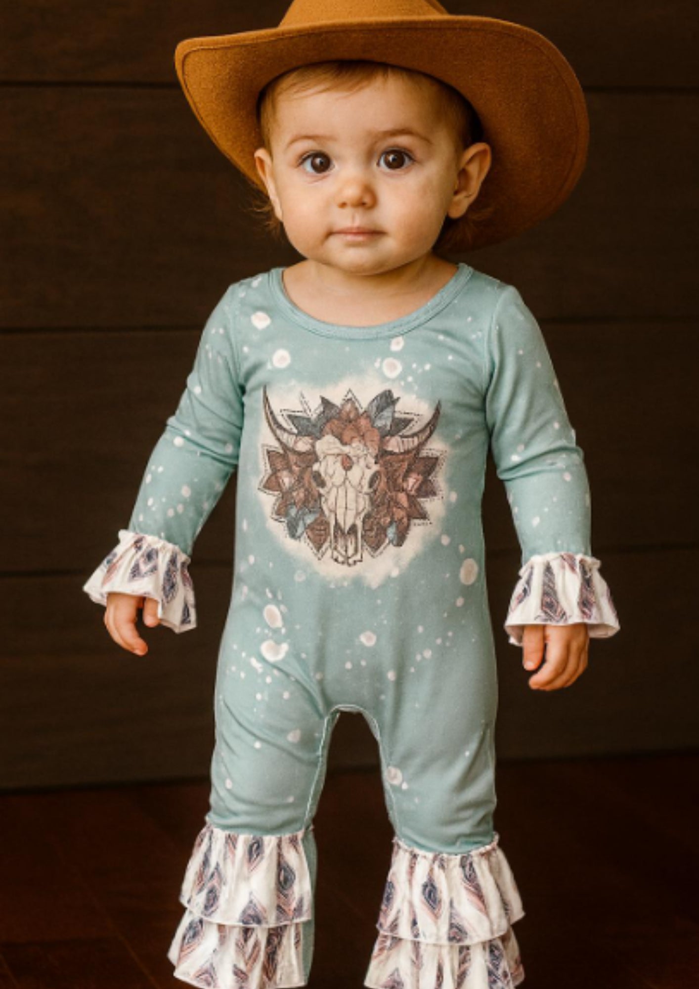 MontanaCo Aqua Steerhead and Ruffled Infant Romper LR0593