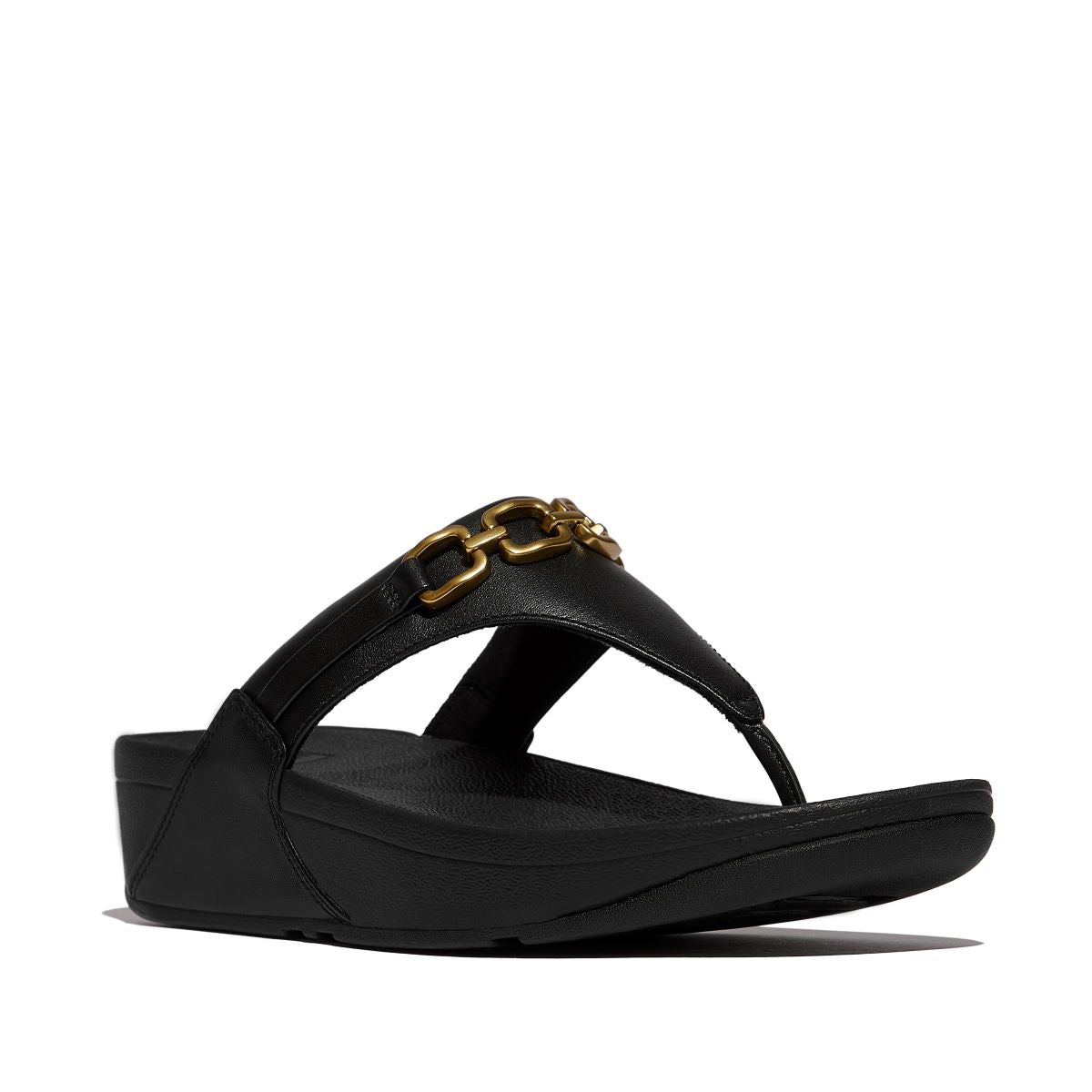 Fitflop Black Lulu Square-Chain Women's Leather Toe-Post Sandals E1I-001