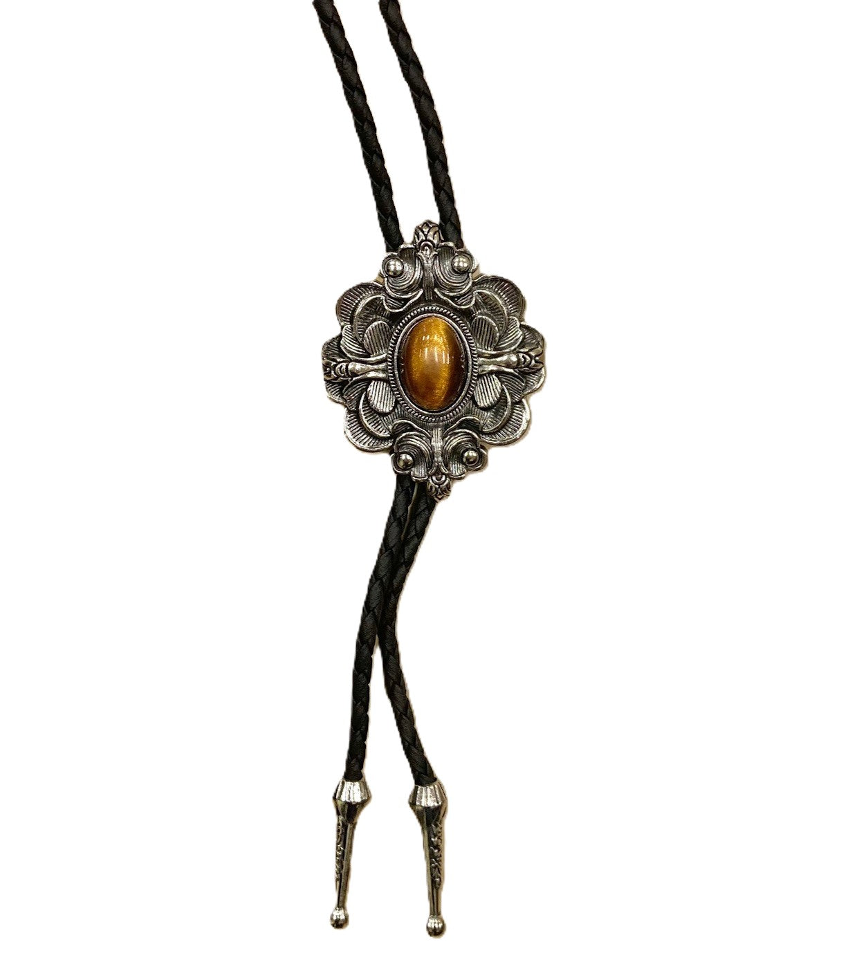 Lebo's Ornate Silver Bolo with Amber Stone MB13