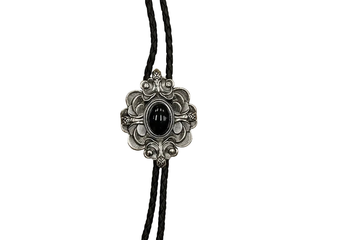 Lebo's Silver Ornate Scroll Bolo with Black Stone MB14