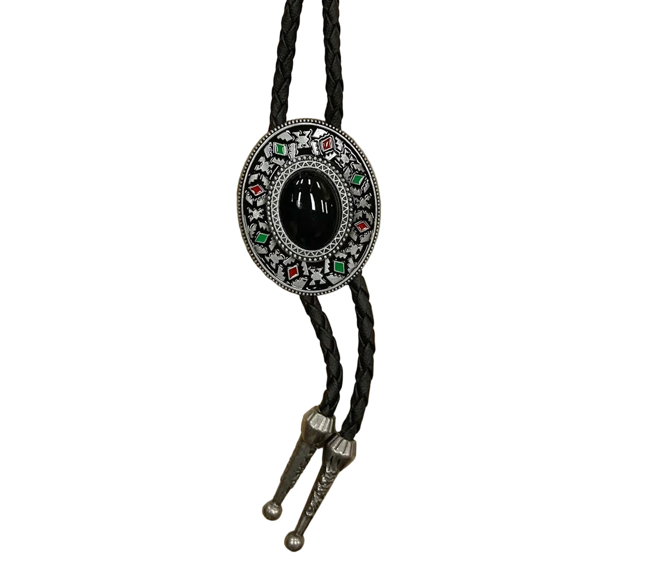 Lebo's Black and Silver Bolo with Red and Green Geometic Design and Black Stone MB15