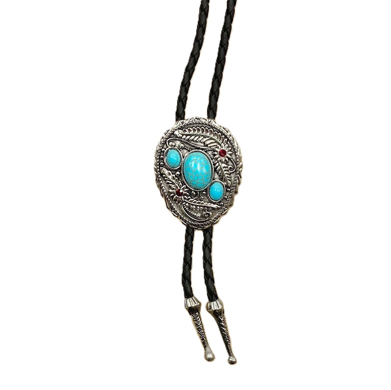 Lebo's Silver Bolo with Three Turquoise Stones and Two Ruby Stones MB161