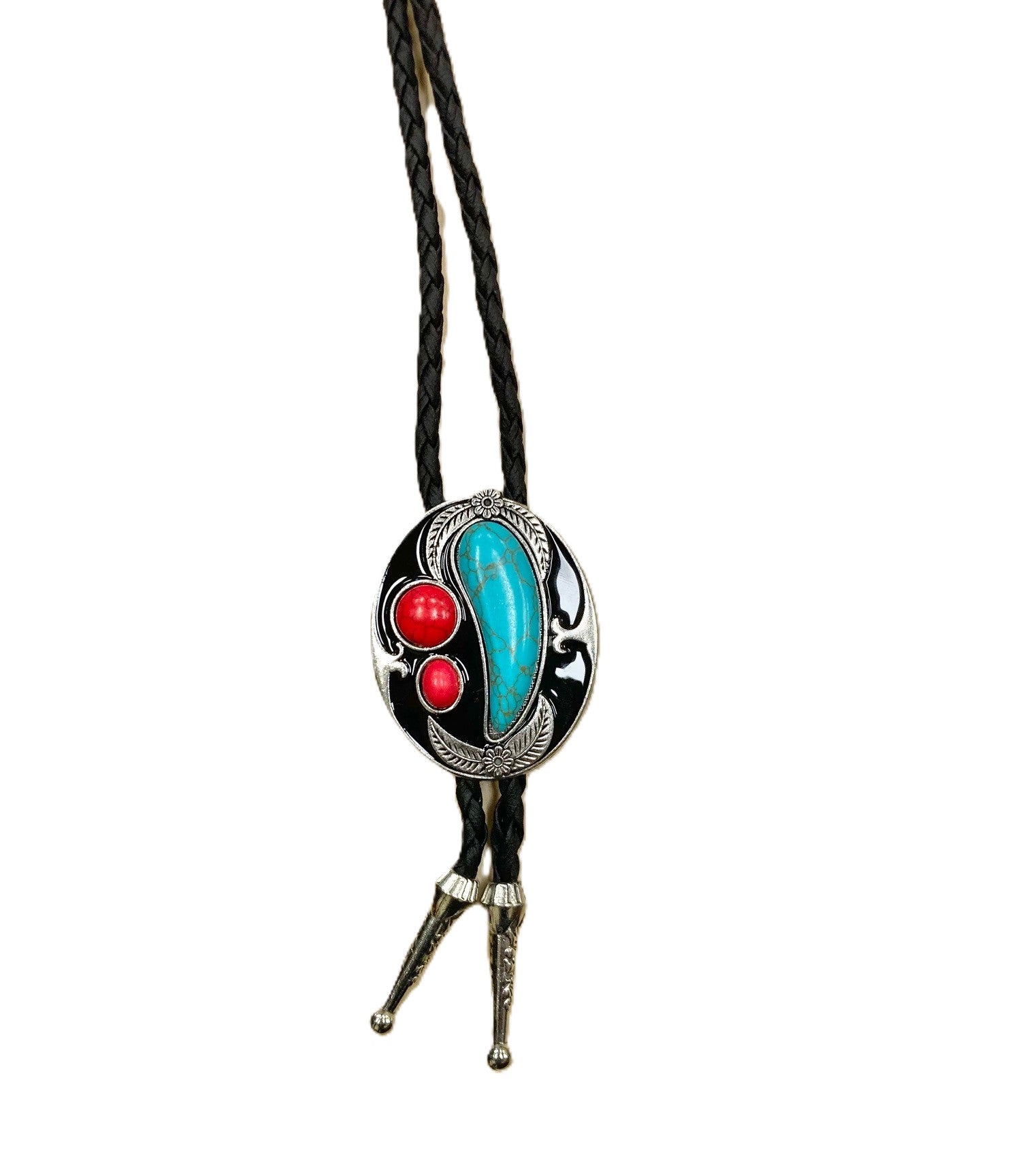 Lebo's Silver and Black Bolo with Turquoise and Red Stones MB17