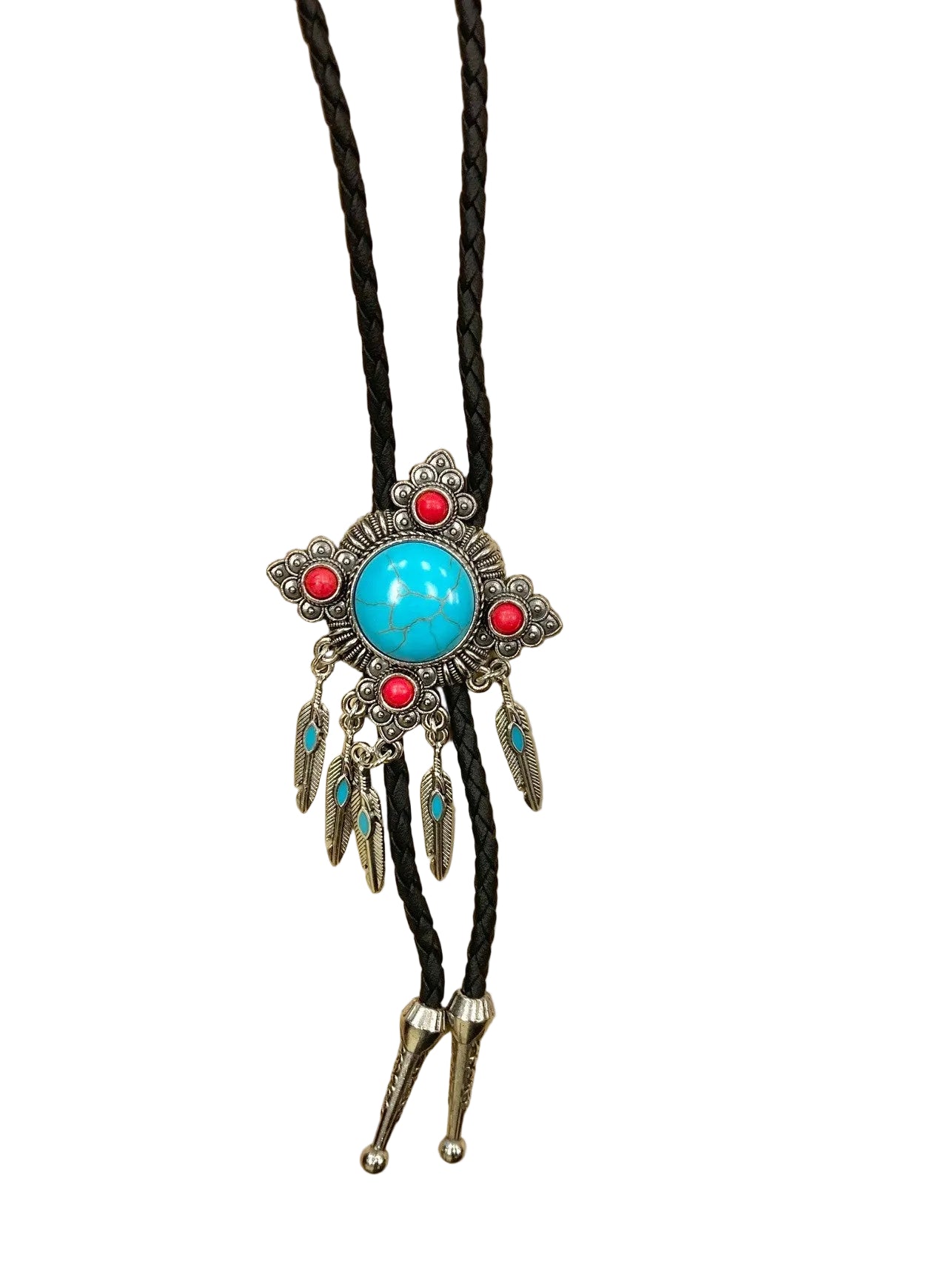 Lebo's Silver Antique Look Bolo with Turquoise/Red Stones and Silver Feathers with Turquoise Stones MB18