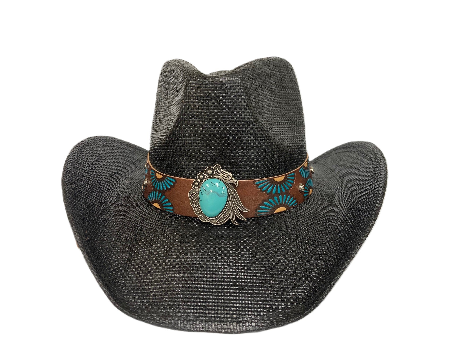 Lebo's Black Straw Women's Hat with Turquoise Stone Decorative Hatband MB22 BLACK