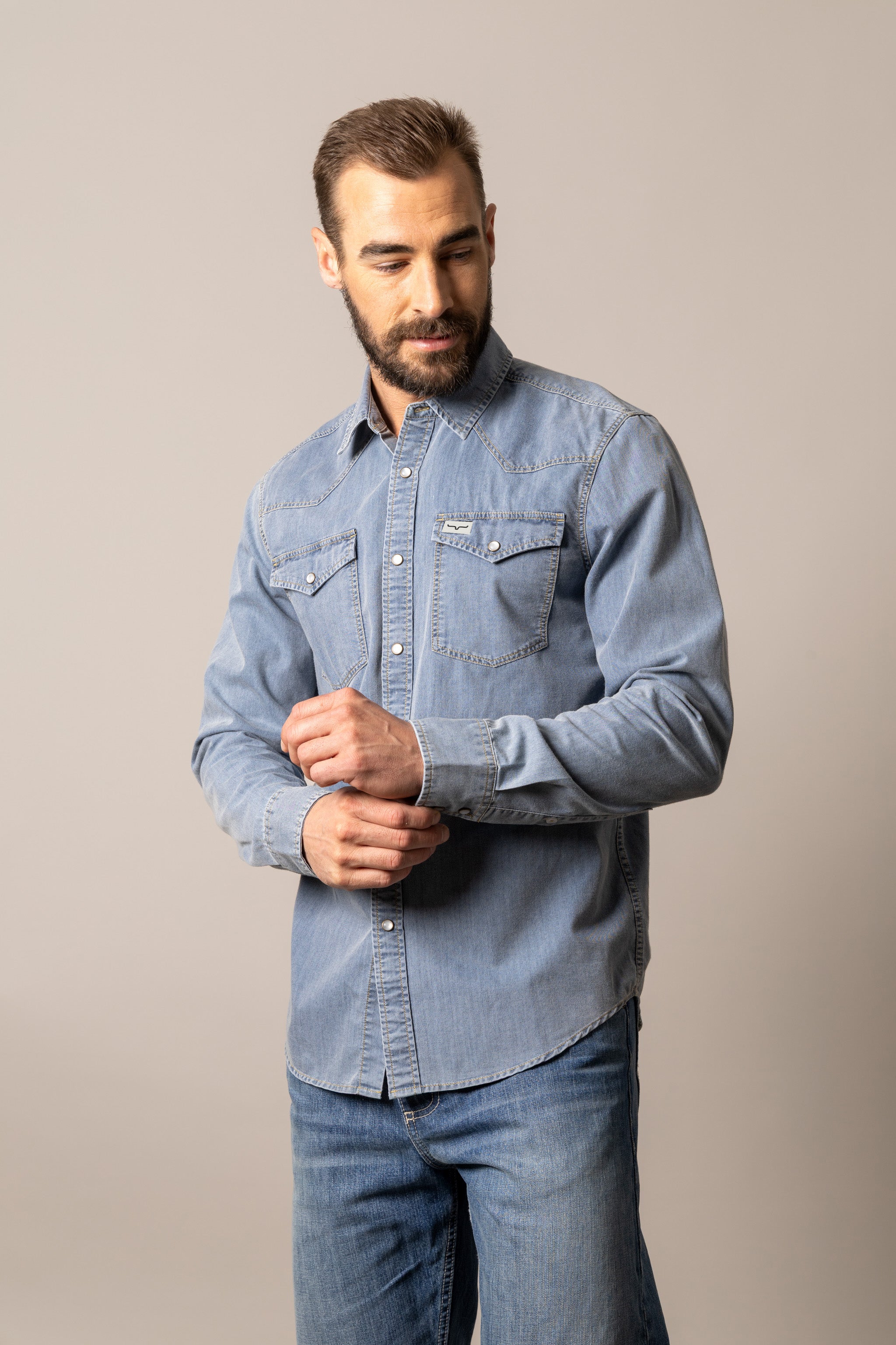 Kimes Ranch Blue Cleavon Men's Collared Long Sleeve Denim Snap Shirt MDS0000070-BL01