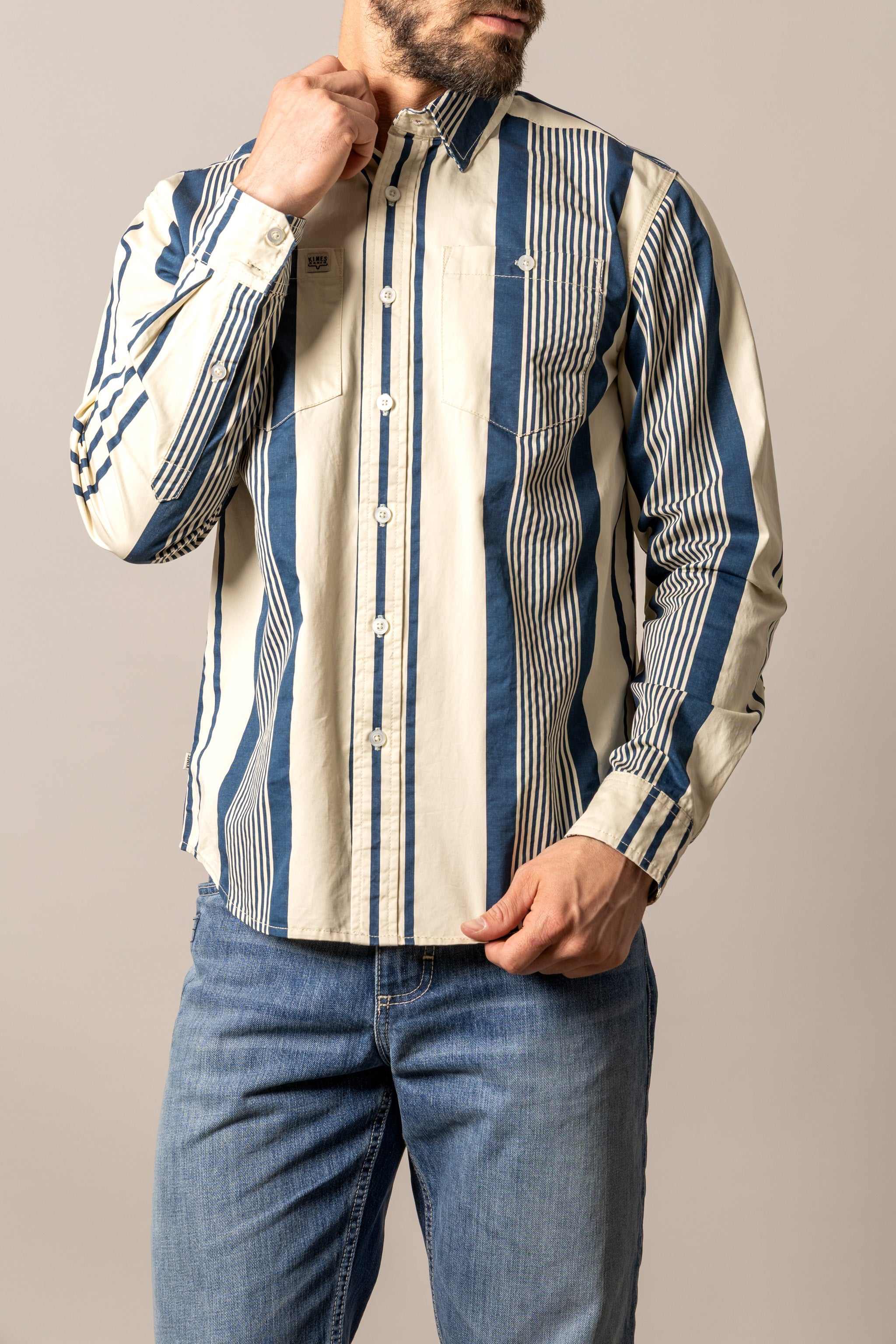 Kimes Ranch Blue/White with Stripes Reddy Men's Collared Longsleeve Button Down Shirt MDS0000091-BL01