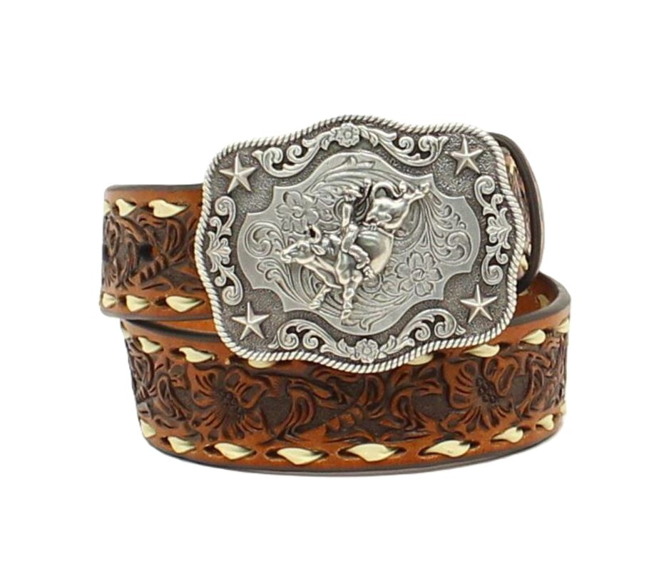 Nocona Brown Floral Boy's Embossed Belt with a Laced Edge and a Fixed Motif Buckle N4436208