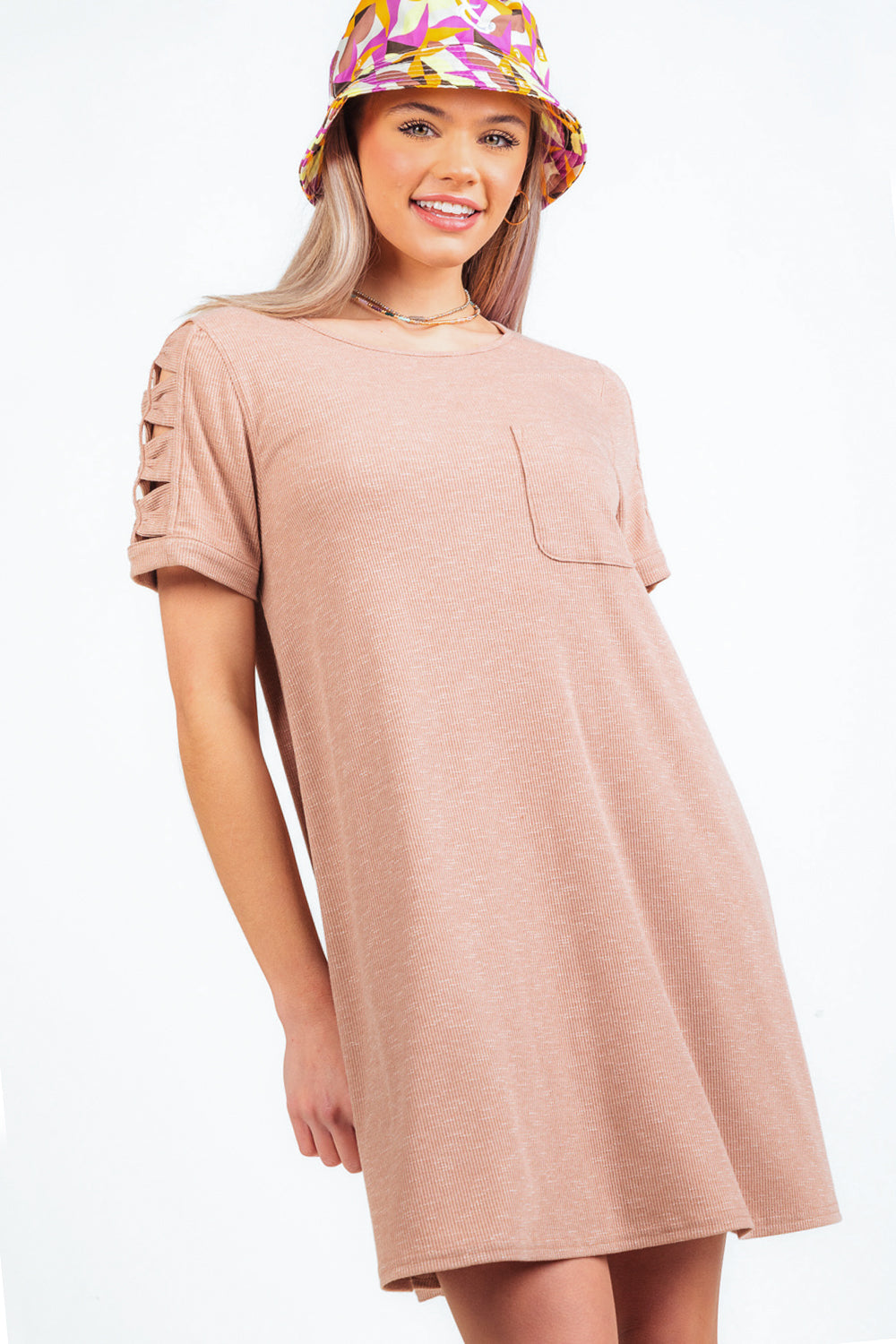 Very J Taupe Ruched Cutout Sleeve Women's Dress ND30836-TAUPE